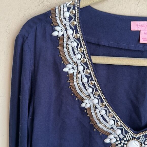 Lilly Pulitzer Braydon True Navy Blue Embellished Tunic Top  M - Picture 3 of 9